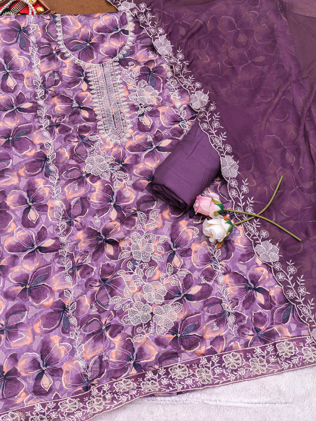 Ivory Bloom Embroidered Jam Cotton Suit Set