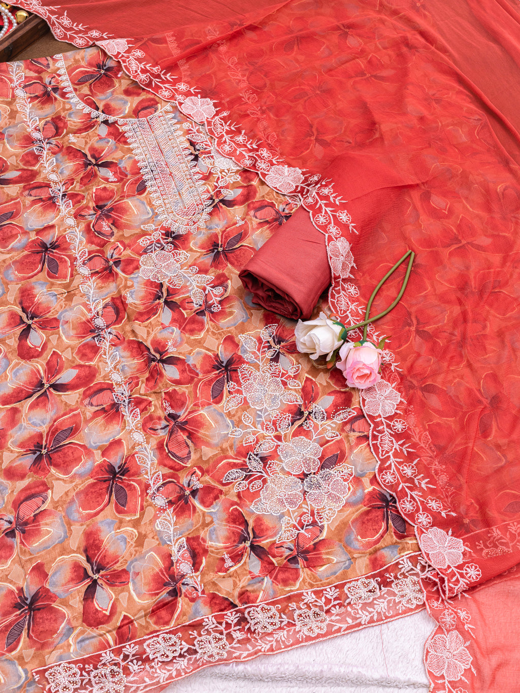 Coral Bloom Embroidered Suit Set