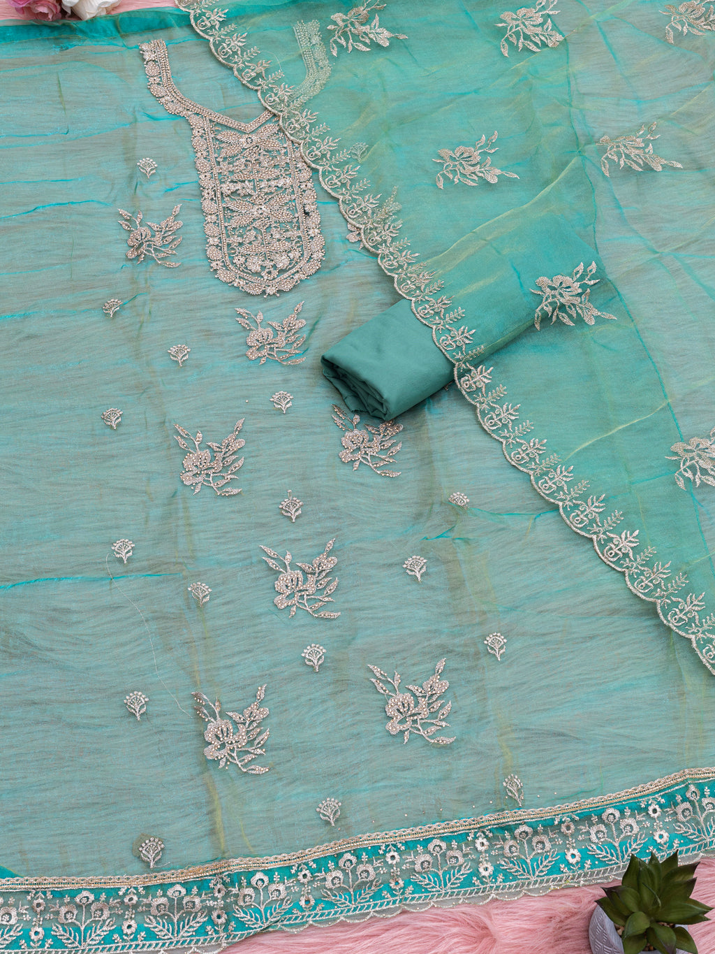 Aqua Teal Royale Embroidered Suit Set