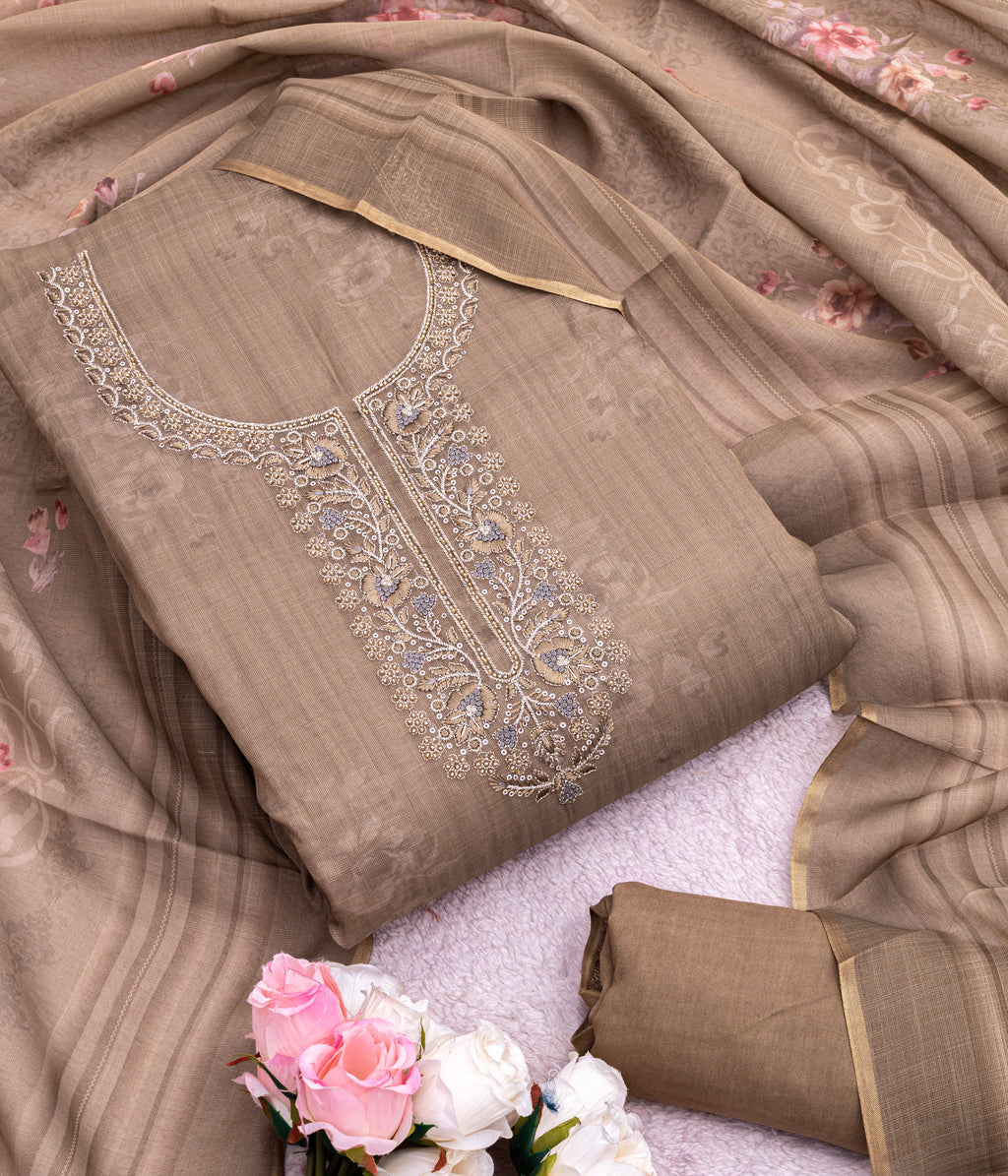 Mocha Taupe Elegance Embroidered Suit Set