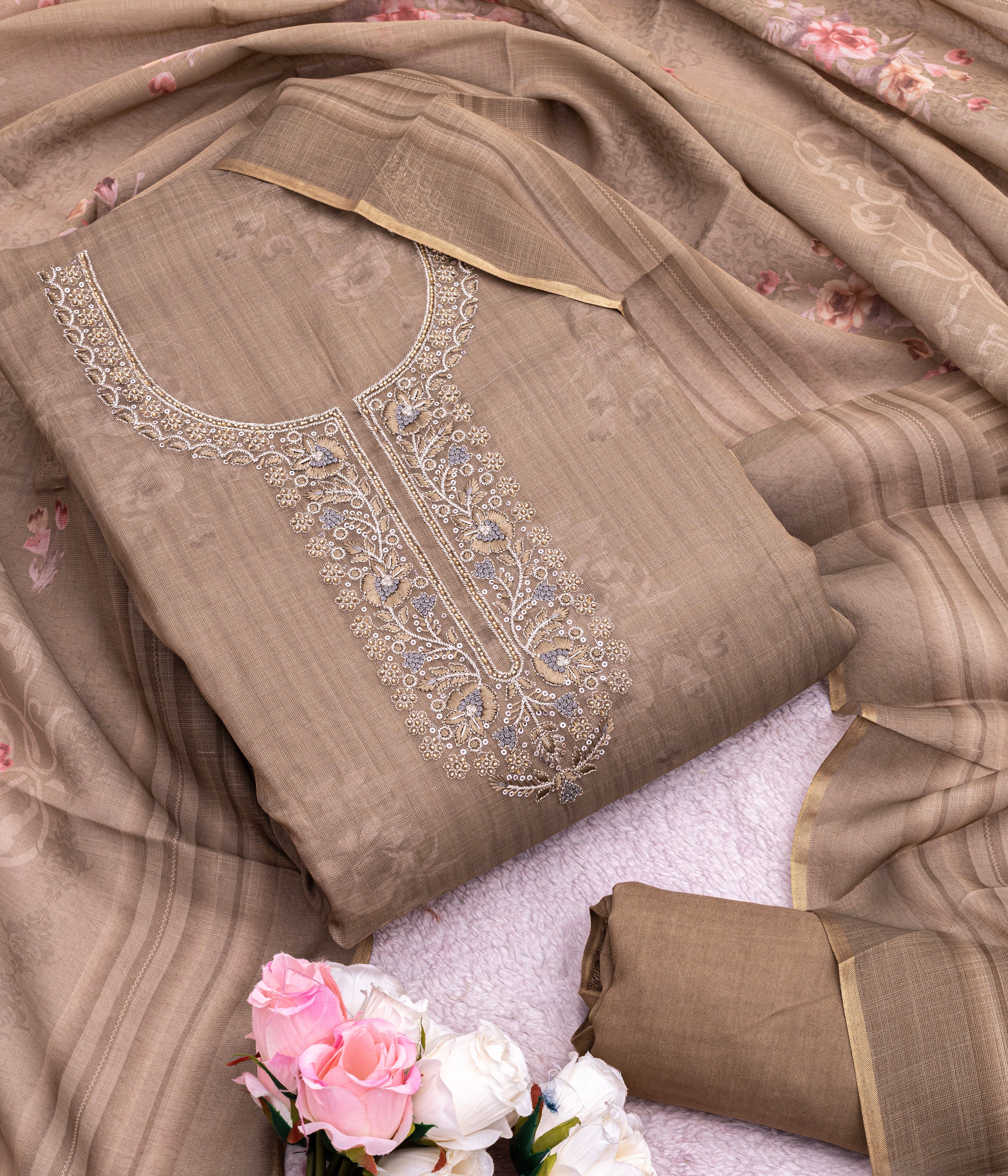Mocha Taupe Elegance Embroidered Suit Set