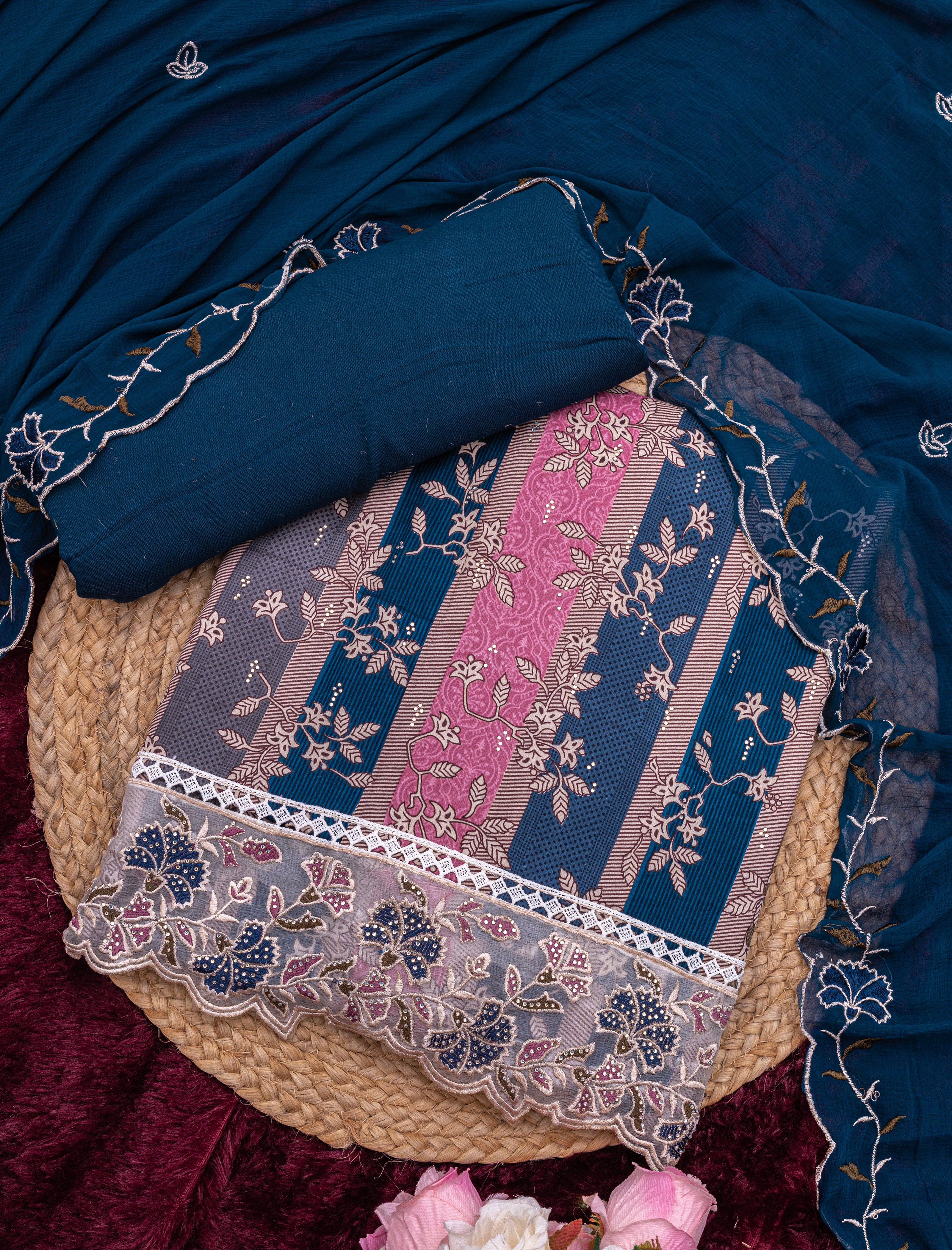 Petrol Blue Jam Cotton Embroidered Suit with Swarovski-Style Diamond Detailing