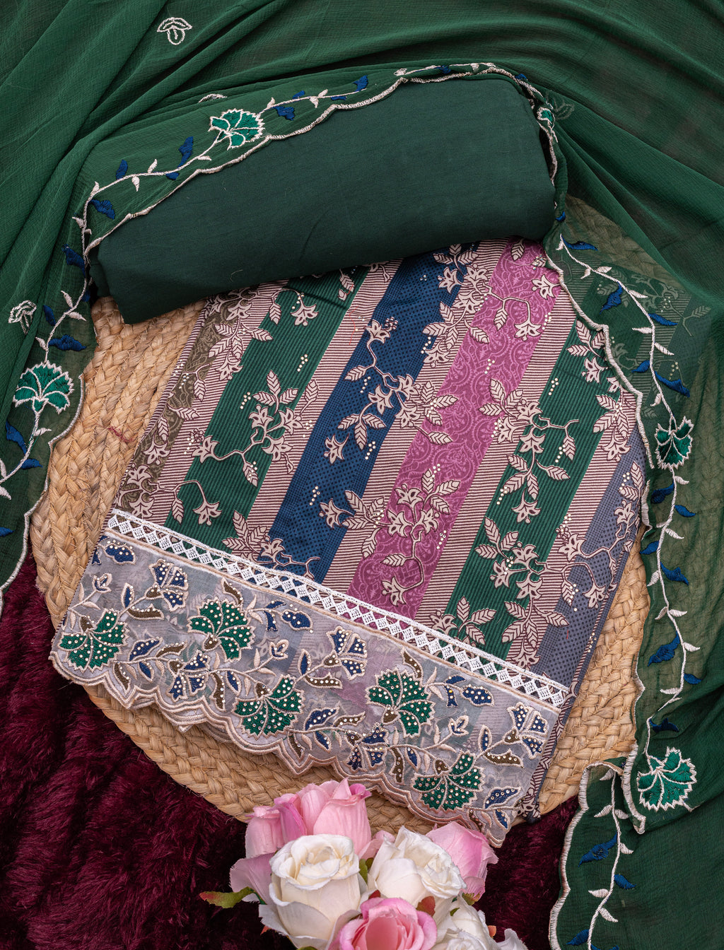 Forest Green Jam Cotton Embroidered Suit with Swarovski-Style Diamond