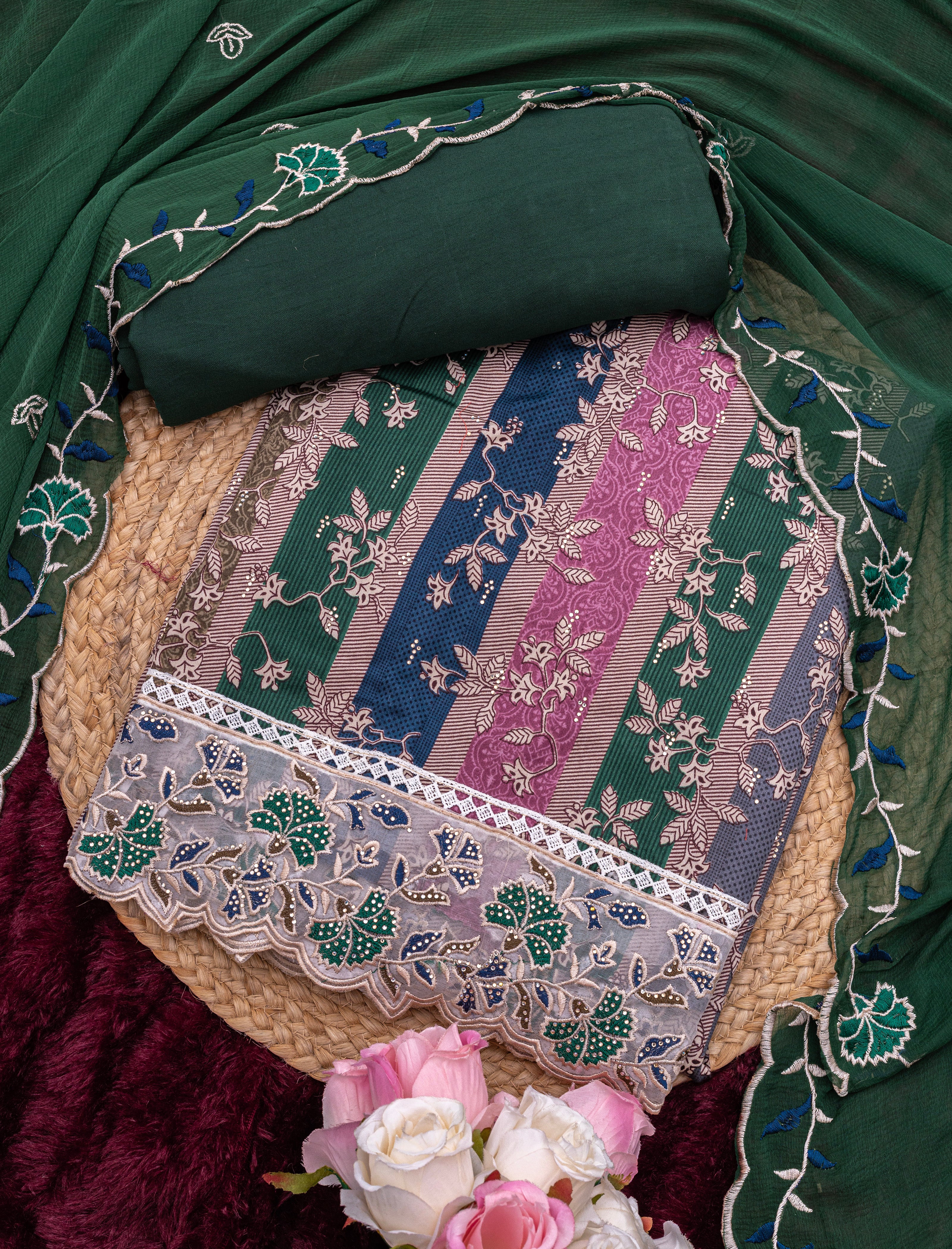 Forest Green Jam Cotton Embroidered Suit with Swarovski-Style Diamond