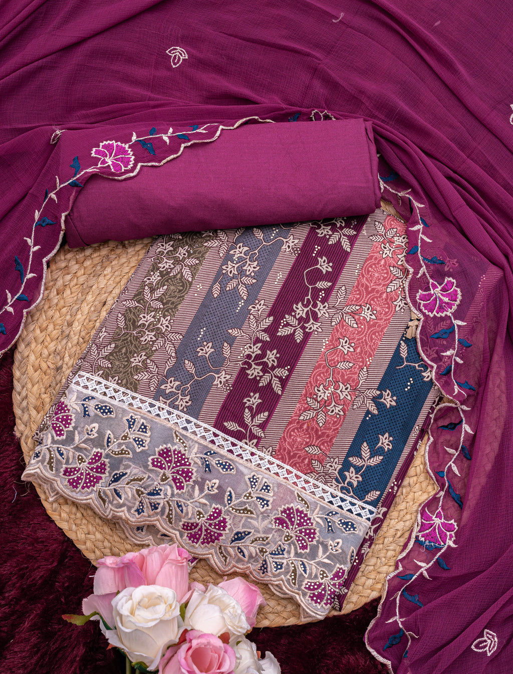 Berry Wine Jam Cotton Embroidered Suit with Swarovski-Style Diamond