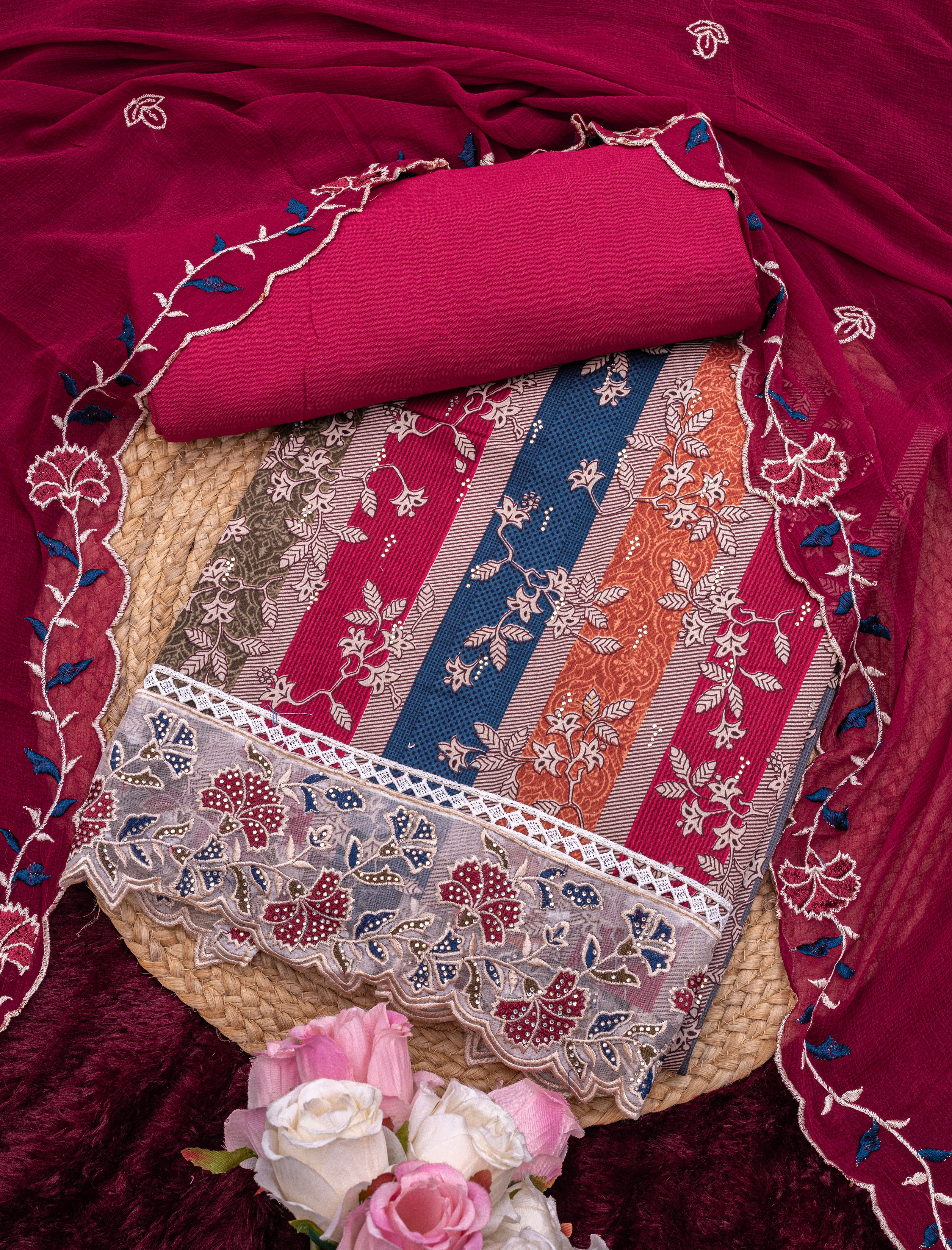 Burnt Rose Jam Cotton Embroidered Suit with Swarovski-Style Diamond