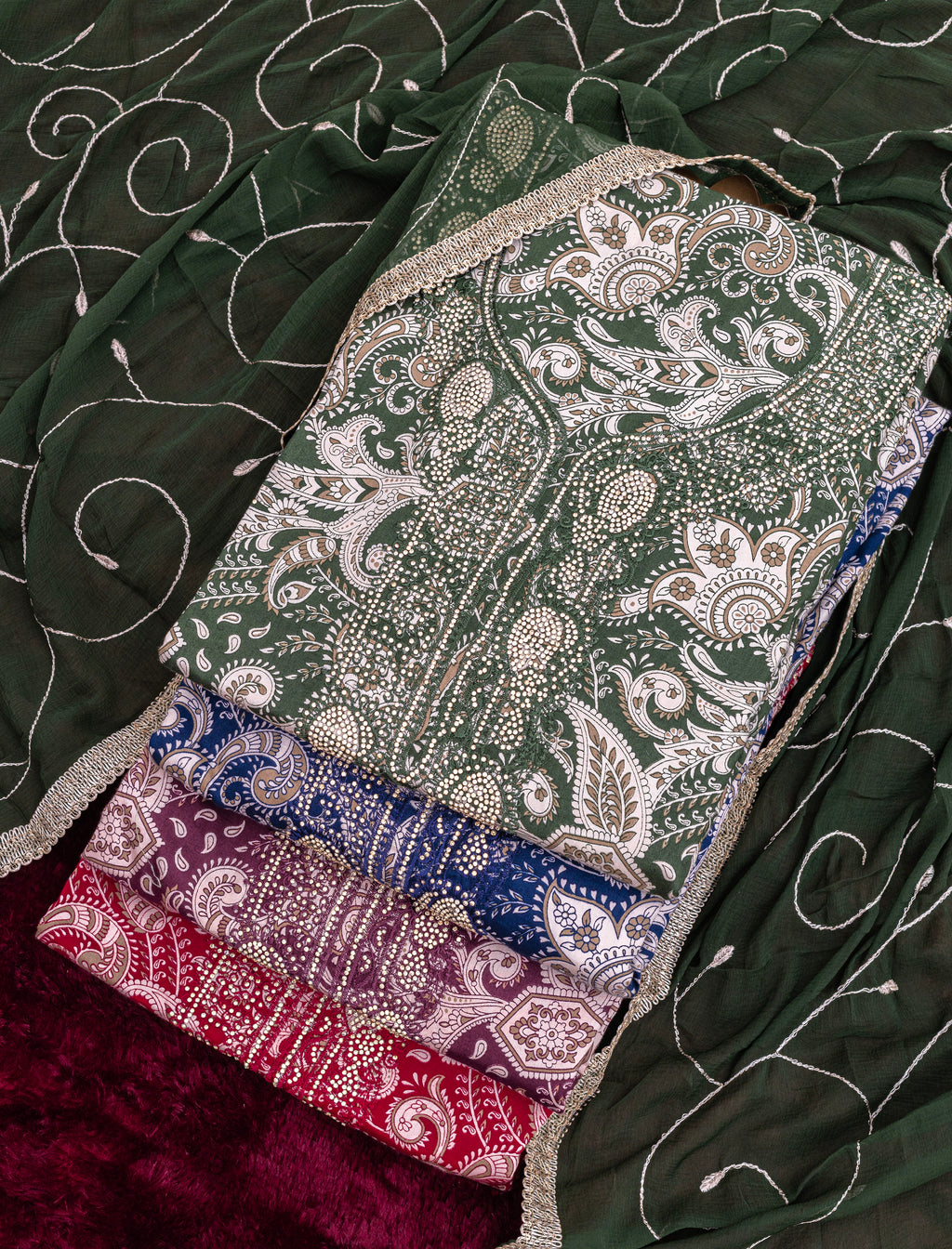 Midnight Blue Jam Cotton Embroidered Suit with Swarovski-Style Diamond