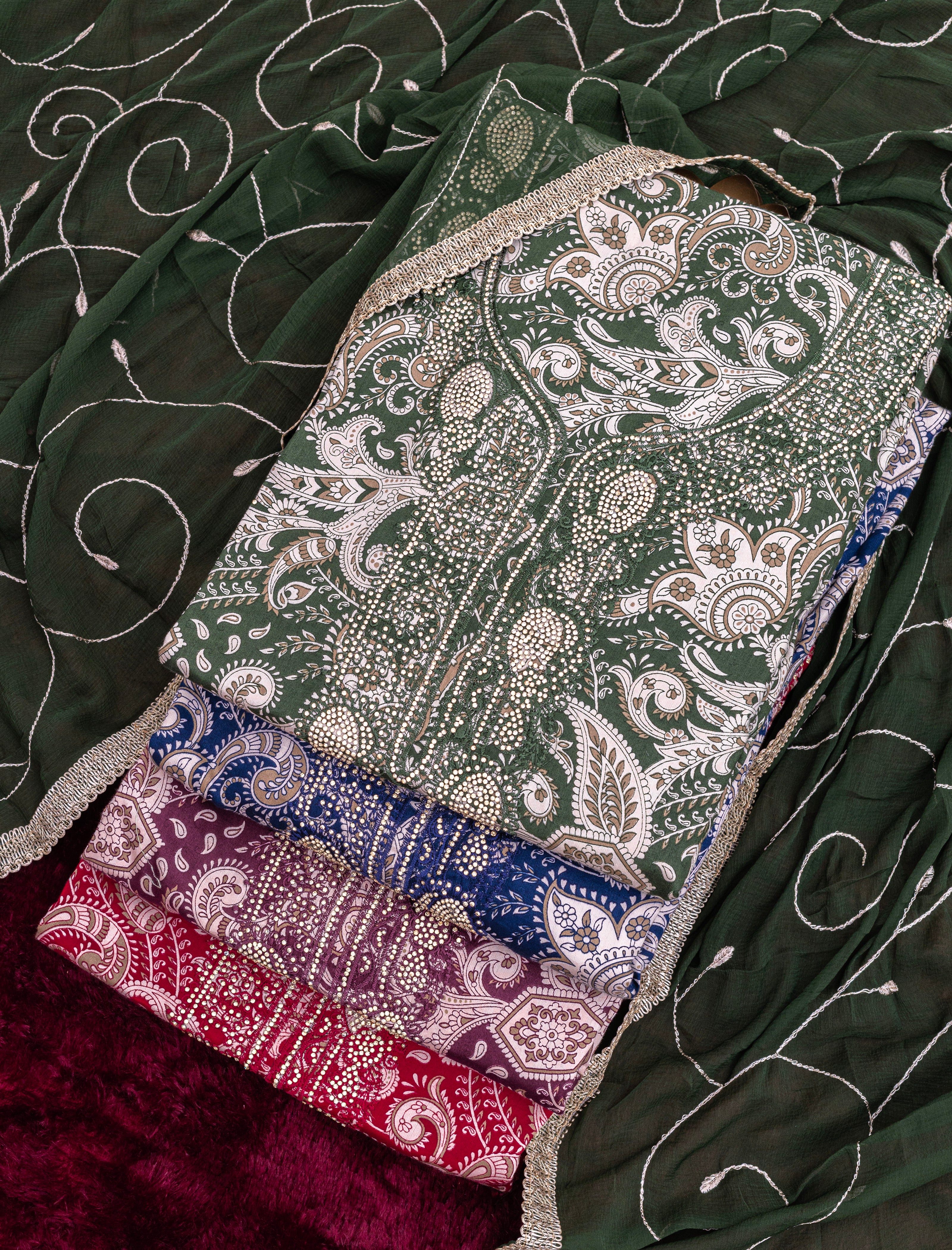 Midnight Blue Jam Cotton Embroidered Suit with Swarovski-Style Diamond