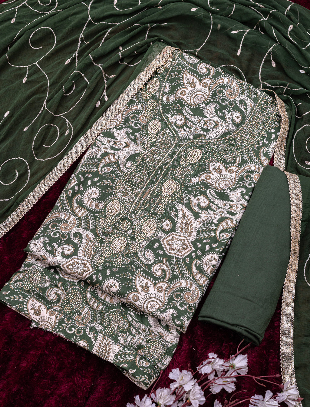 Moss Green Jam Cotton Embroidered Suit with Swarovski-Style Diamond
