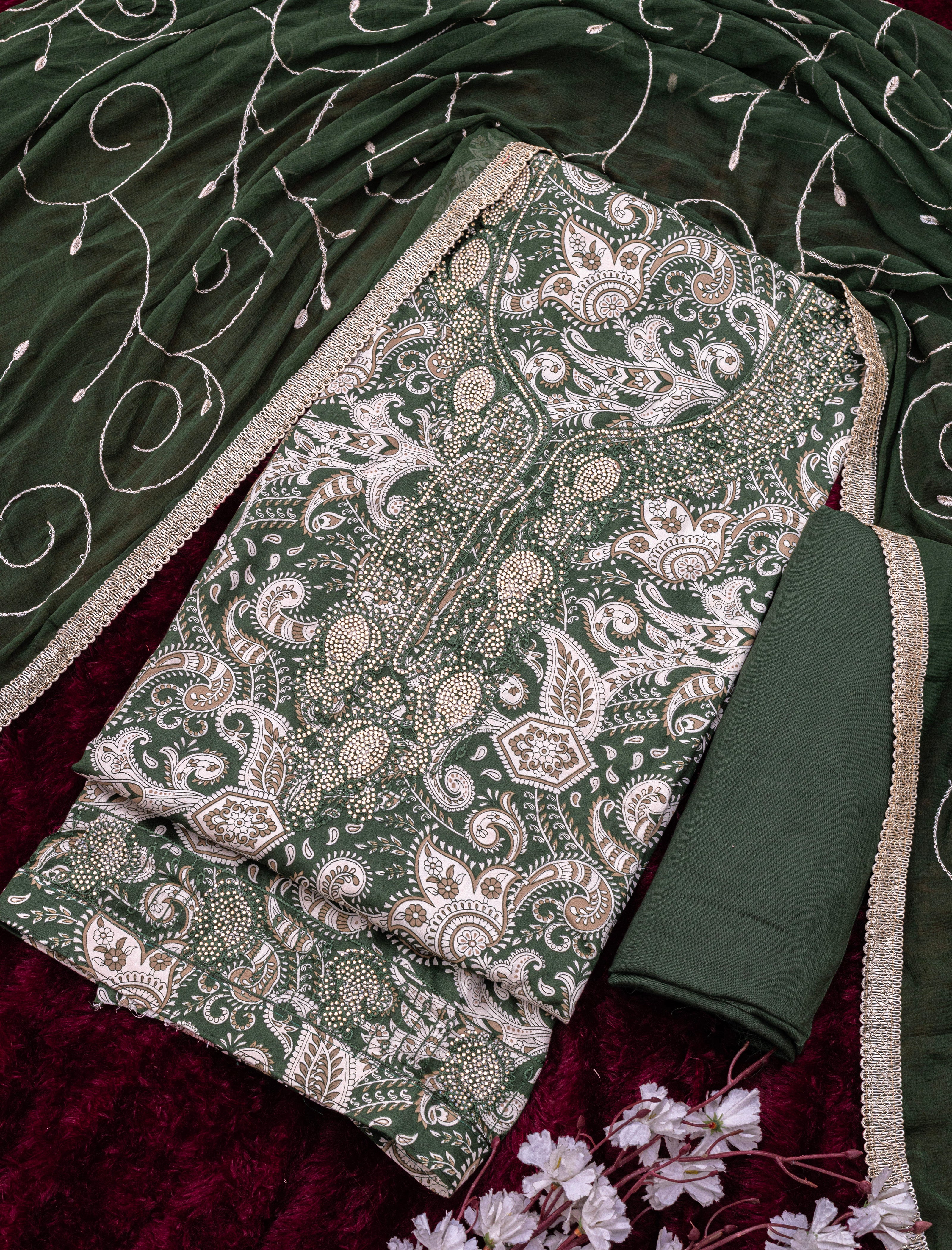 Moss Green Jam Cotton Embroidered Suit with Swarovski-Style Diamond