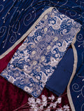 Midnight Blue Jam Cotton Embroidered Suit with Swarovski-Style Diamond