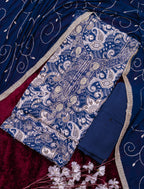 Midnight Blue Jam Cotton Embroidered Suit with Swarovski-Style Diamond
