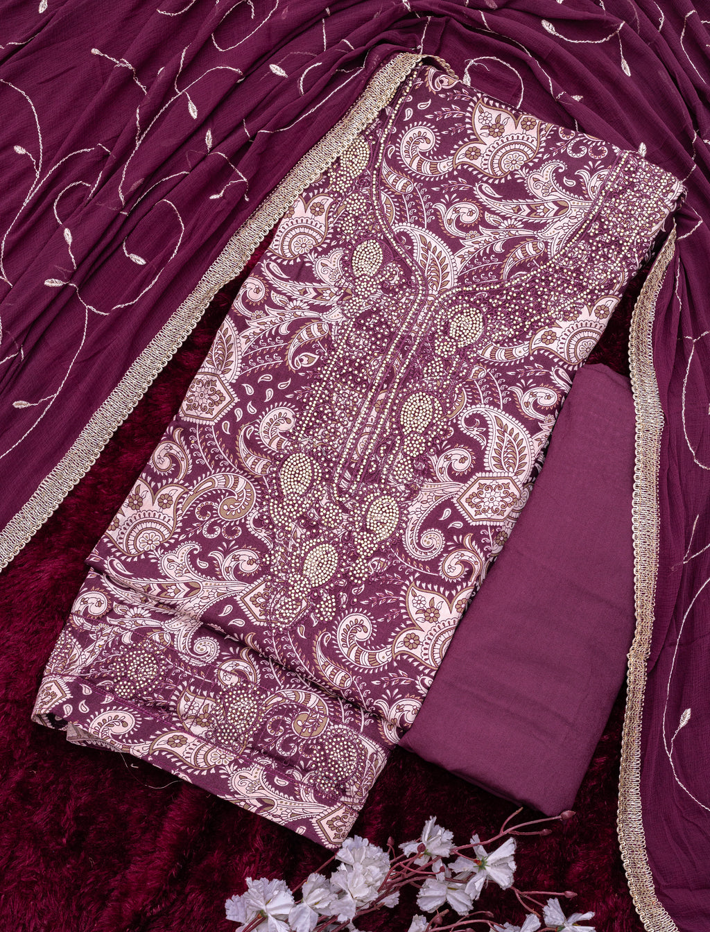 Mulberry Wine Jam Cotton Embroidered Suit with Swarovski-Style Diamond