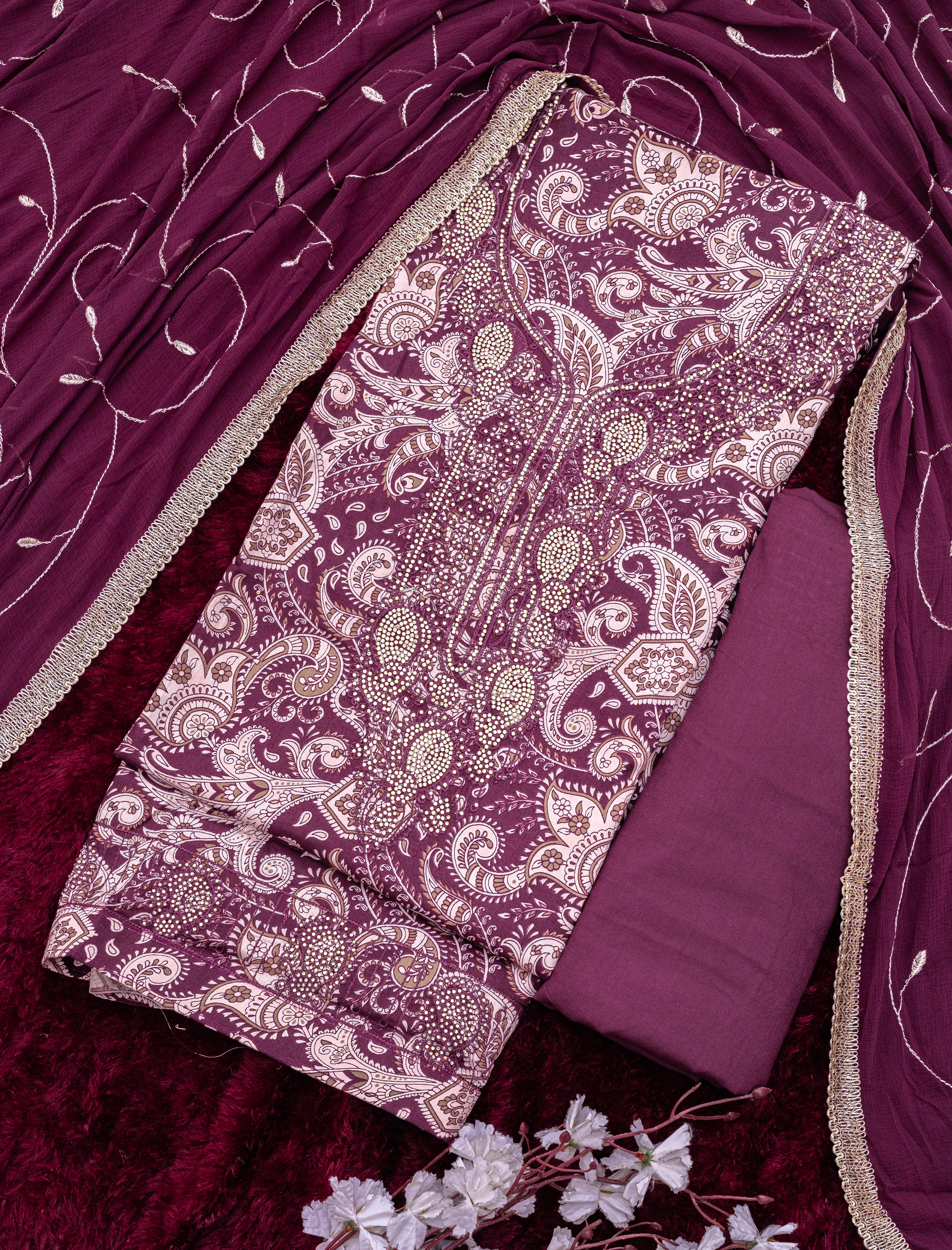Mulberry Wine Jam Cotton Embroidered Suit with Swarovski-Style Diamond