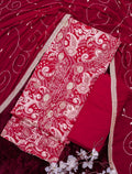 Ruby Crimson Jam Cotton Embroidered Suit with Swarovski-Style Diamond