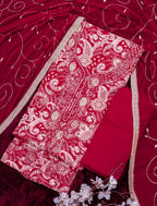 Ruby Crimson Jam Cotton Embroidered Suit with Swarovski-Style Diamond
