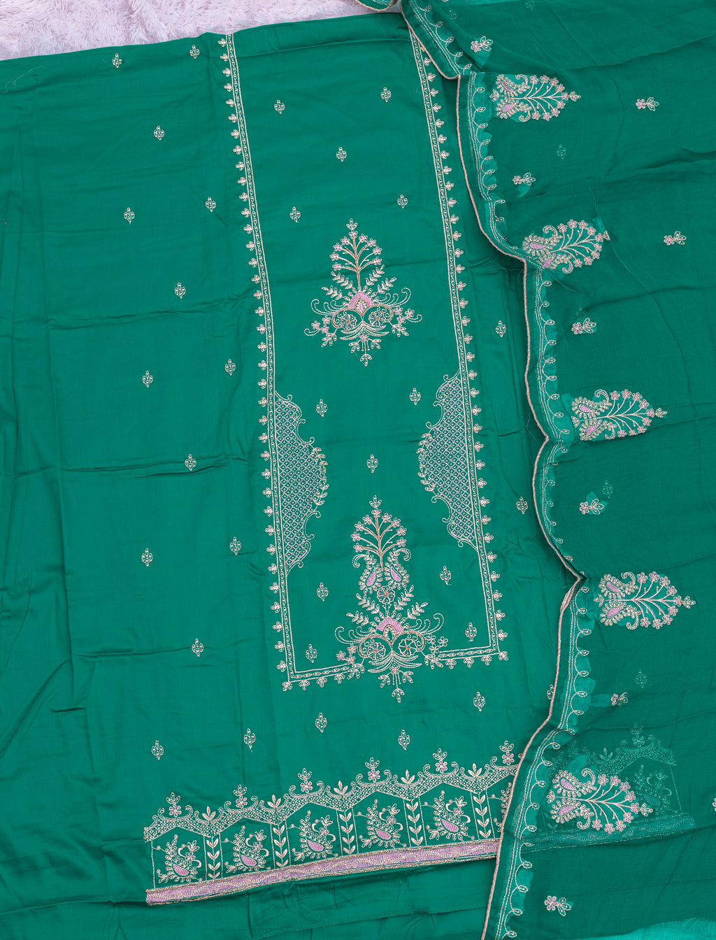 Emerald Green Pure Jaam Cotton Designer Suit with Khatli Handwork & Fine Embroidery