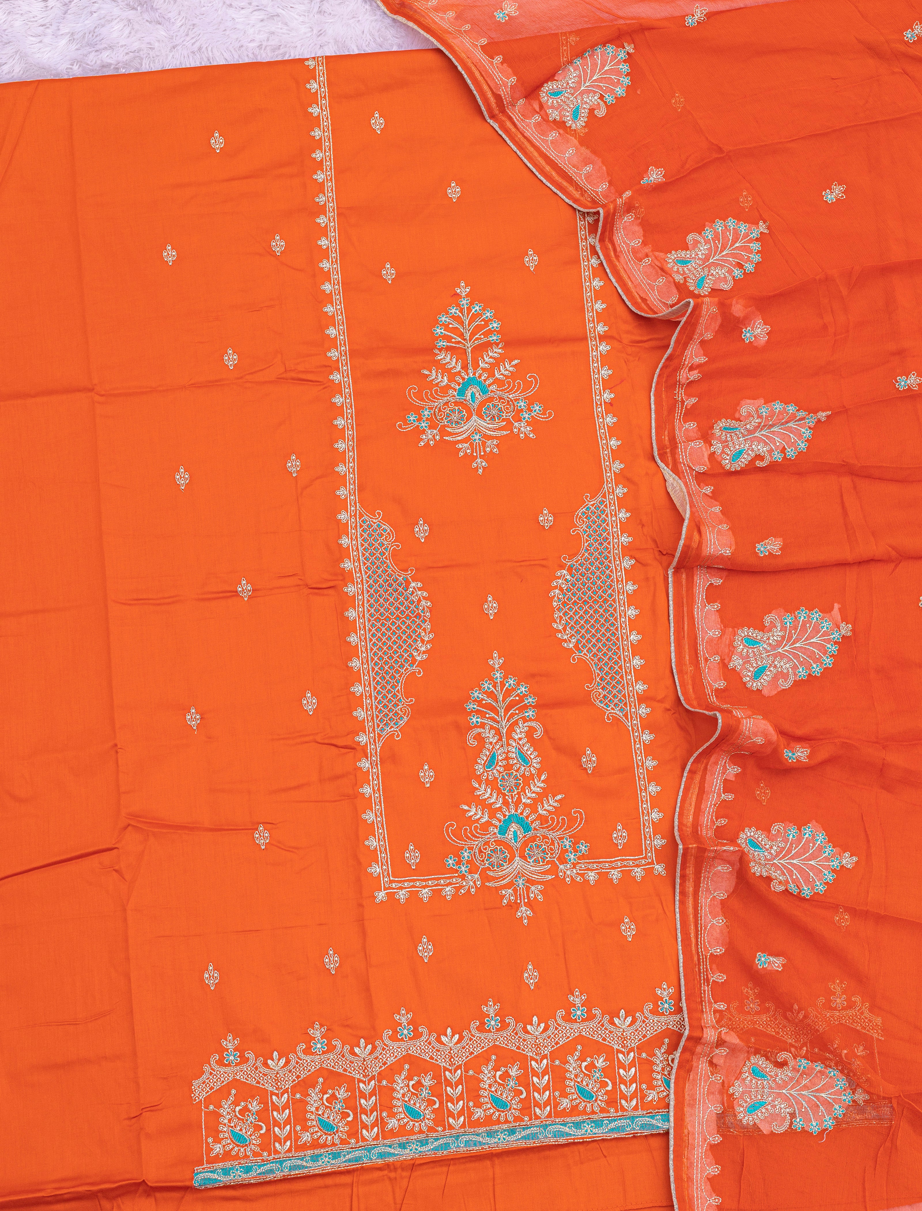 Vermilion Orange Pure Jaam Cotton Designer Suit with Khatli Handwork & Fine Embroidery