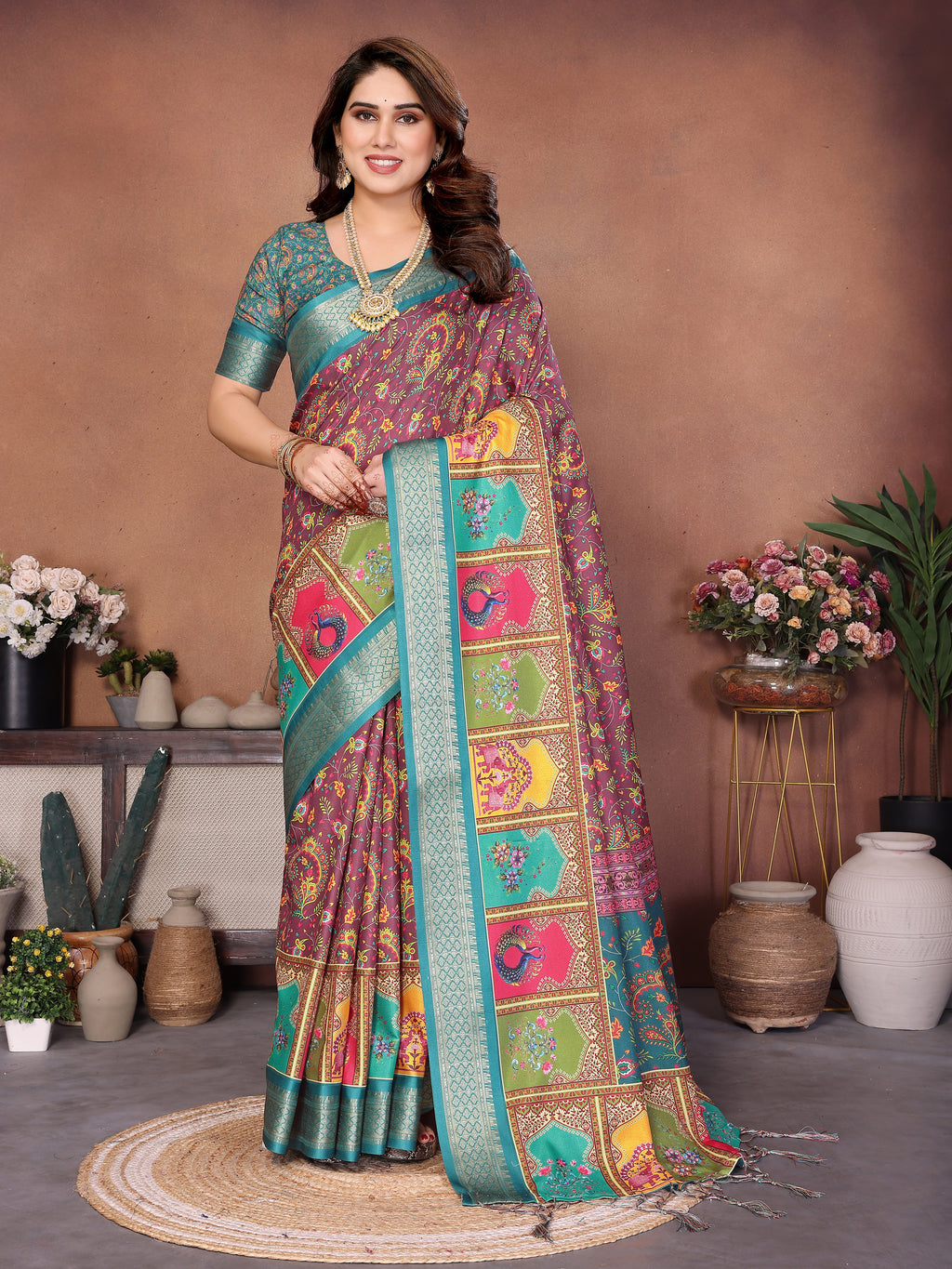 Rama Multicolour Cotton Silk Saree with Digital Print, Jacquard Border & Tassels