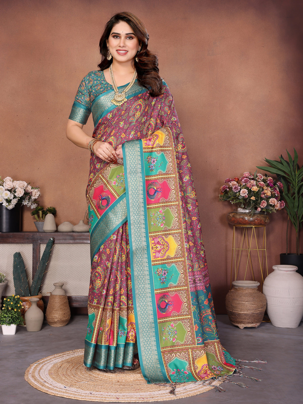 Rama Multicolour Cotton Silk Saree with Digital Print, Jacquard Border & Tassels
