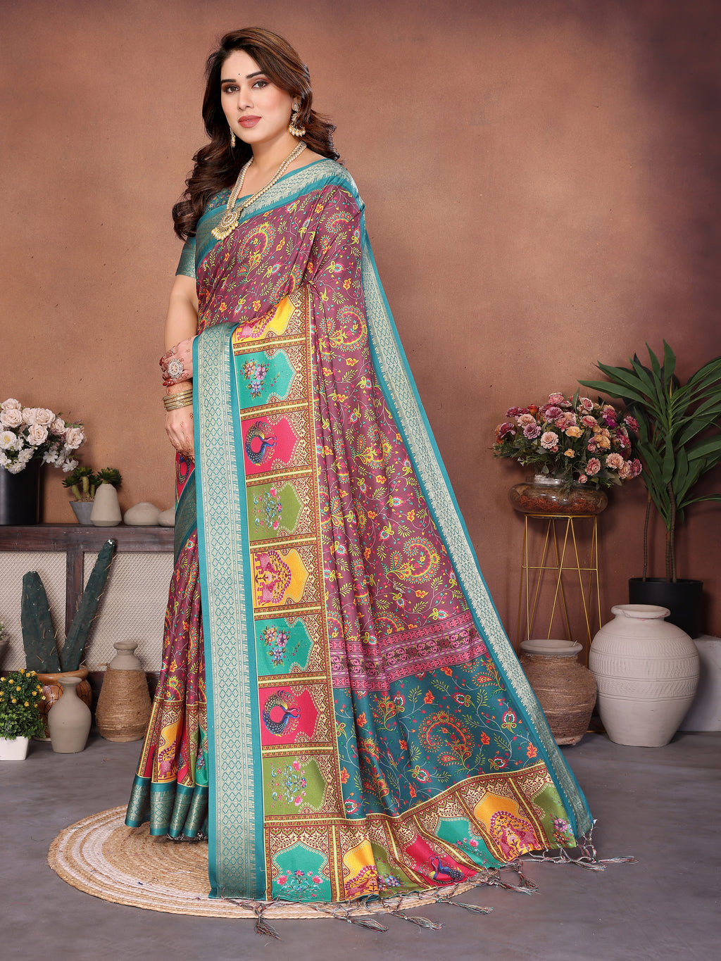 Rama Multicolour Cotton Silk Saree with Digital Print, Jacquard Border & Tassels