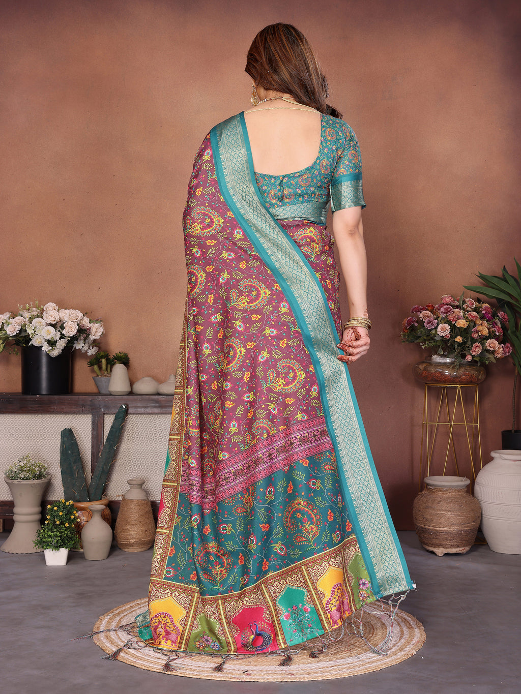 Rama Multicolour Cotton Silk Saree with Digital Print, Jacquard Border & Tassels