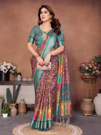 Rama Multicolour Cotton Silk Saree with Digital Print, Jacquard Border & Tassels