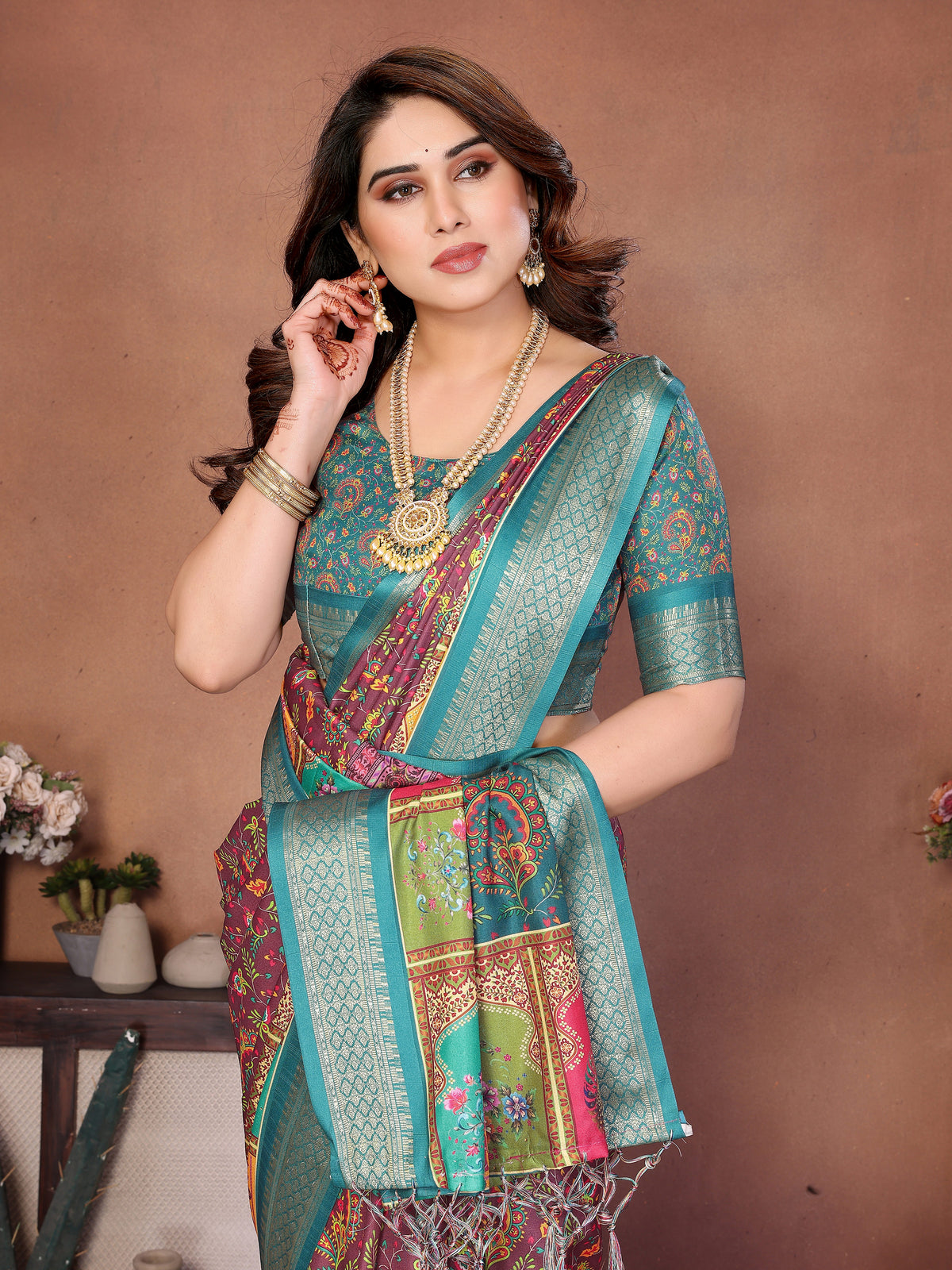 Rama Multicolour Cotton Silk Saree with Digital Print, Jacquard Border & Tassels