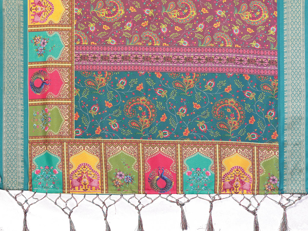 Rama Multicolour Cotton Silk Saree with Digital Print, Jacquard Border & Tassels