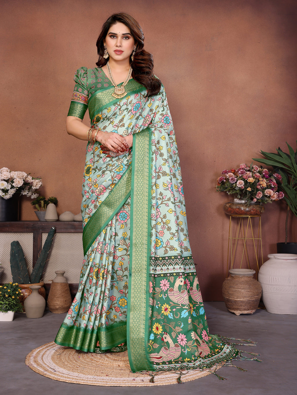 Light Green Multicolour Cotton Silk Saree with Digital Print, Jacquard Border & Tassels