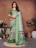 Light Green Multicolour Cotton Silk Saree with Digital Print, Jacquard Border & Tassels