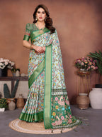 Light Green Multicolour Cotton Silk Saree with Digital Print, Jacquard Border & Tassels