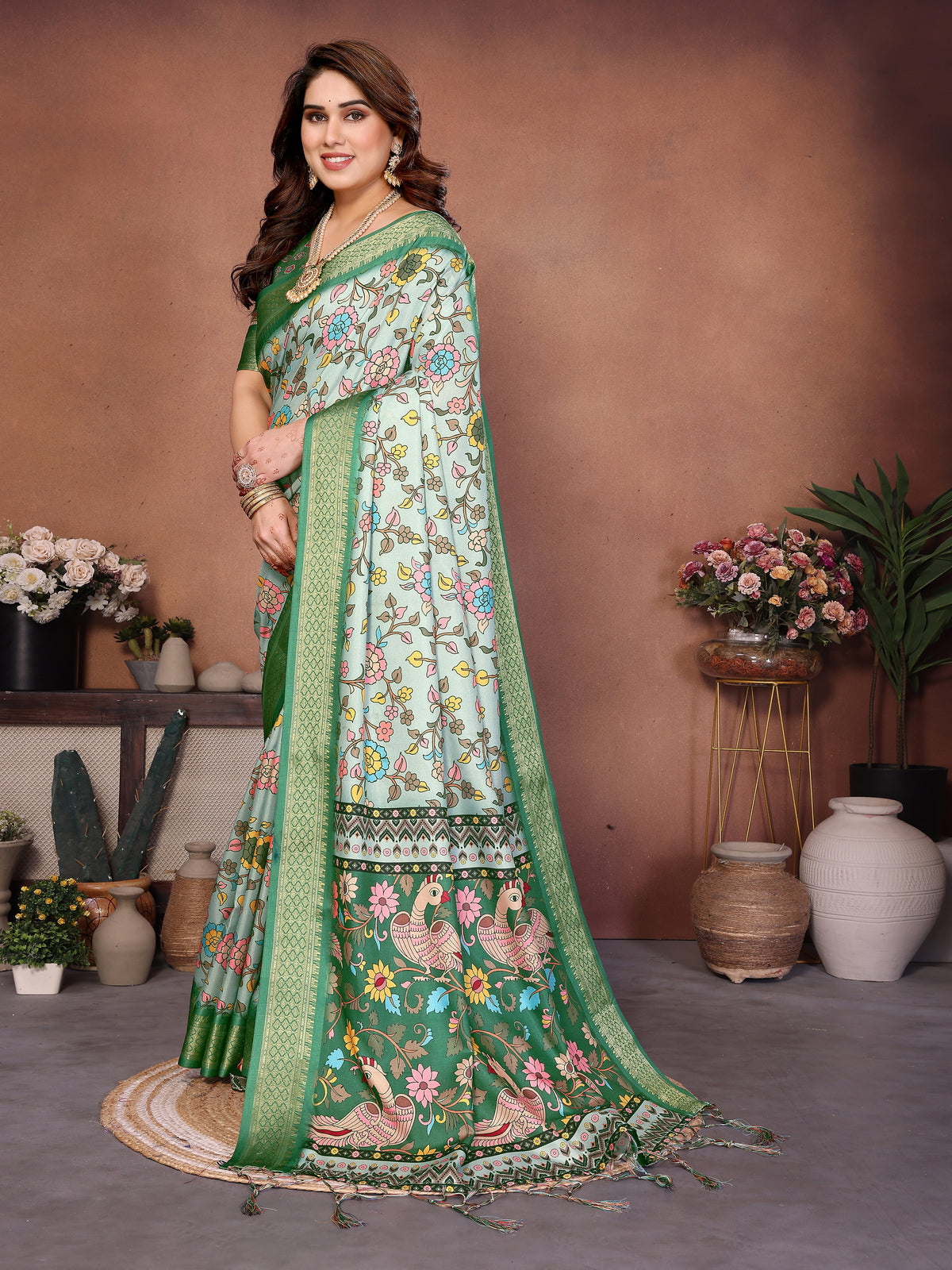 Light Green Multicolour Cotton Silk Saree with Digital Print, Jacquard Border & Tassels