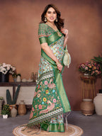 Light Green Multicolour Cotton Silk Saree with Digital Print, Jacquard Border & Tassels