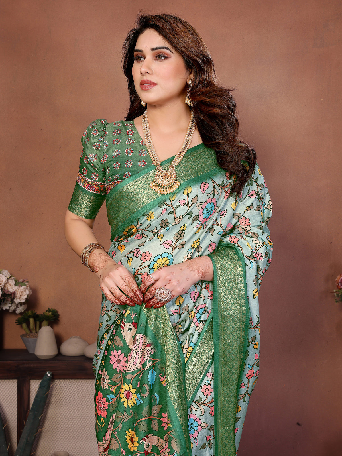 Light Green Multicolour Cotton Silk Saree with Digital Print, Jacquard Border & Tassels