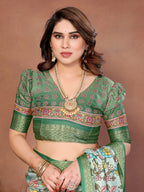 Light Green Multicolour Cotton Silk Saree with Digital Print, Jacquard Border & Tassels