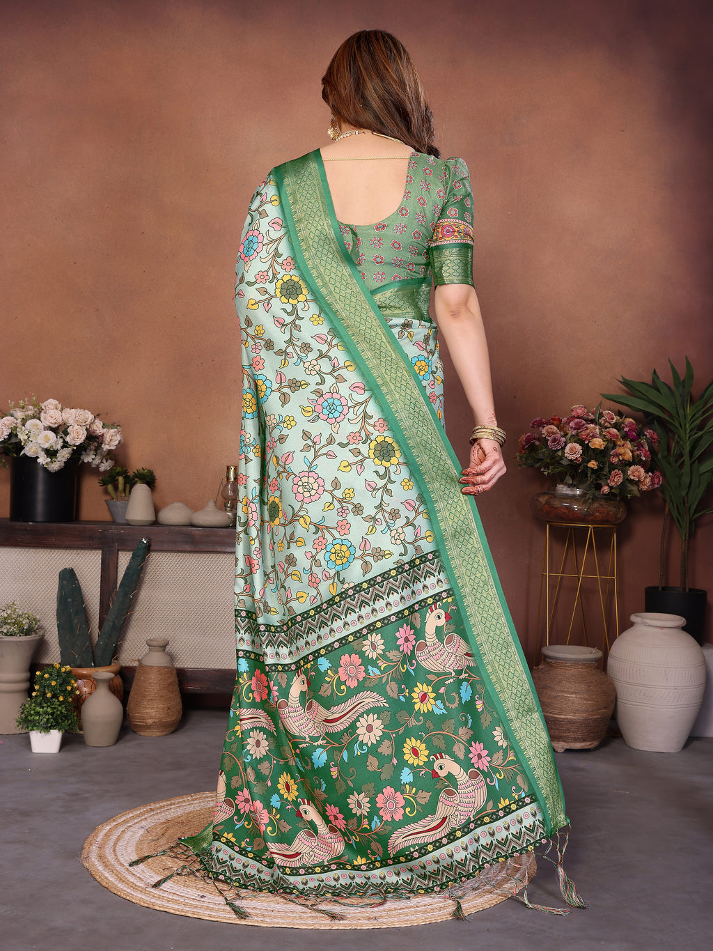 Light Green Multicolour Cotton Silk Saree with Digital Print, Jacquard Border & Tassels