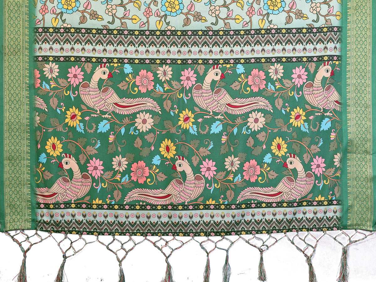 Light Green Multicolour Cotton Silk Saree with Digital Print, Jacquard Border & Tassels