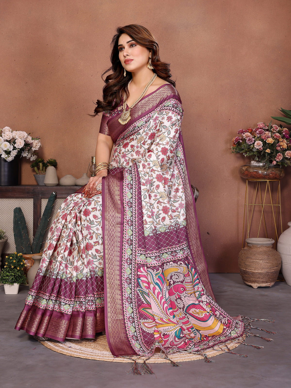 Wine Kalamkari Multicolour Cotton Silk Saree with Digital Print, Jacquard Border & Tassels