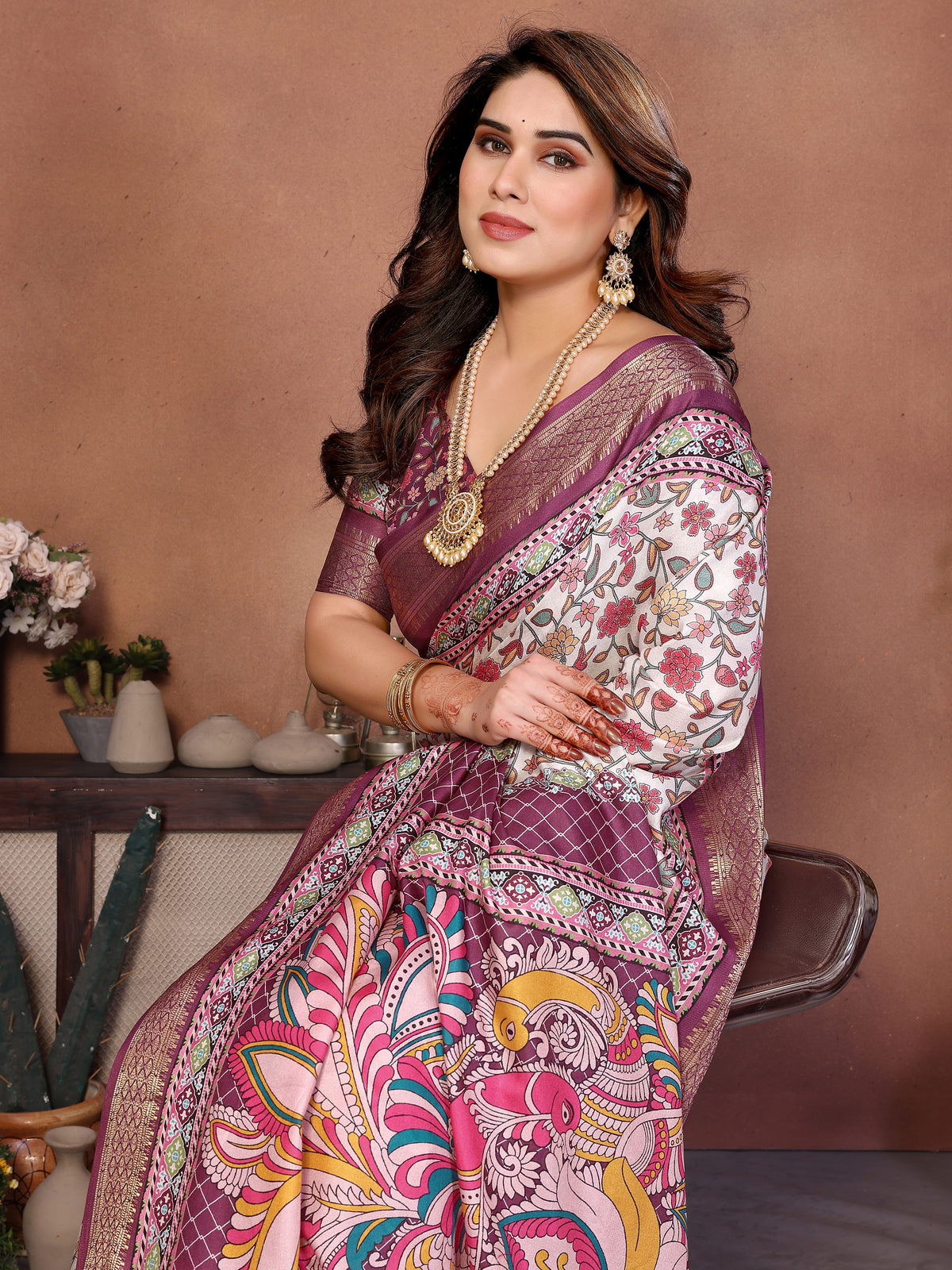 Wine Kalamkari Multicolour Cotton Silk Saree with Digital Print, Jacquard Border & Tassels