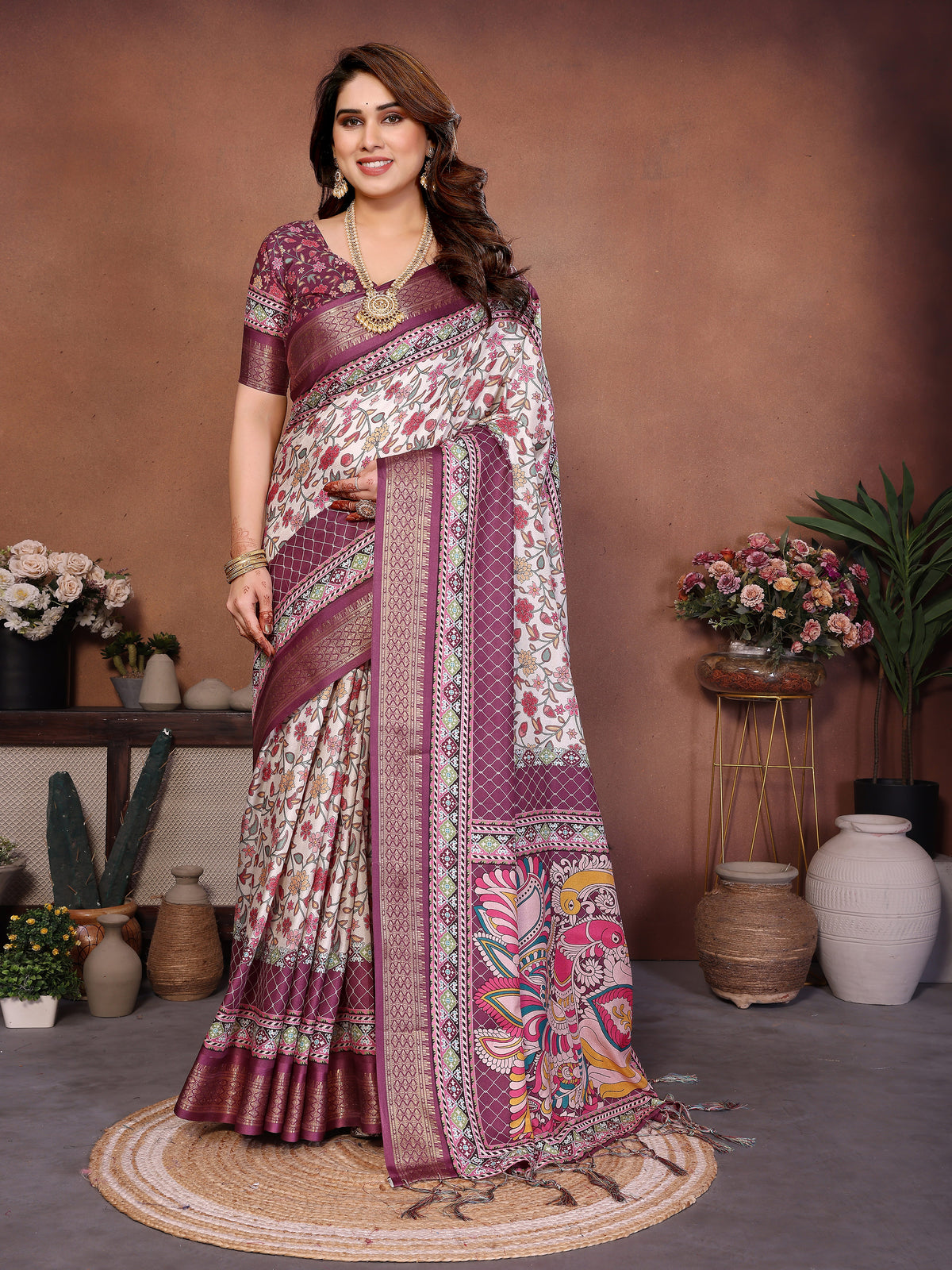 Wine Kalamkari Multicolour Cotton Silk Saree with Digital Print, Jacquard Border & Tassels