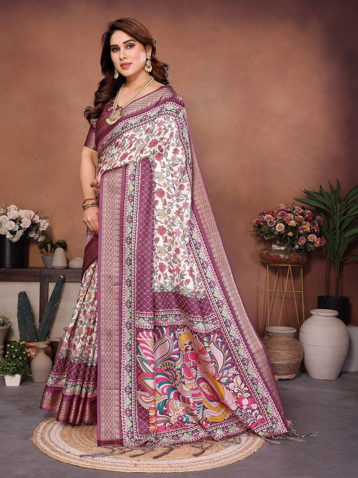 Wine Kalamkari Multicolour Cotton Silk Saree with Digital Print, Jacquard Border & Tassels