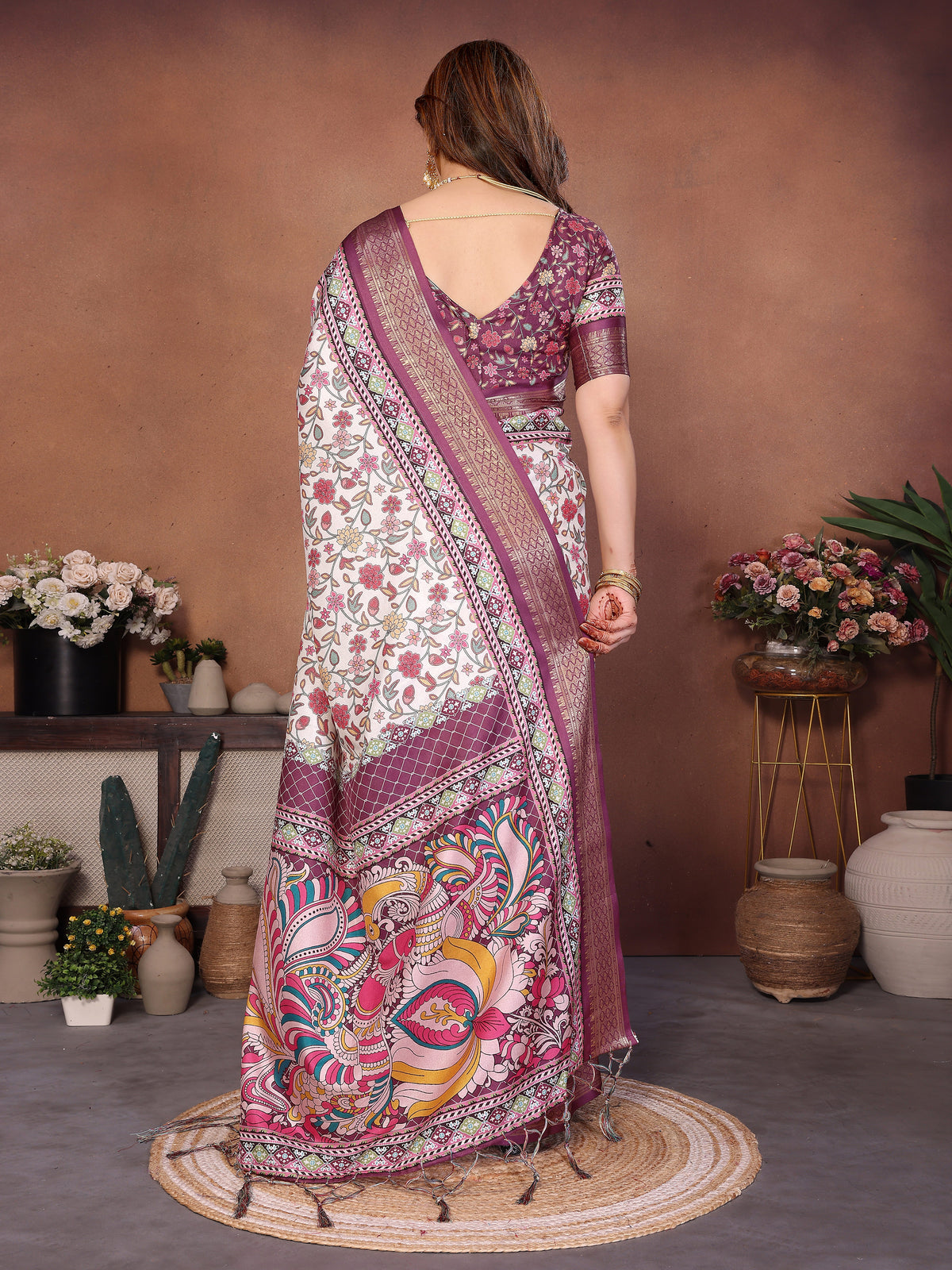 Wine Kalamkari Multicolour Cotton Silk Saree with Digital Print, Jacquard Border & Tassels