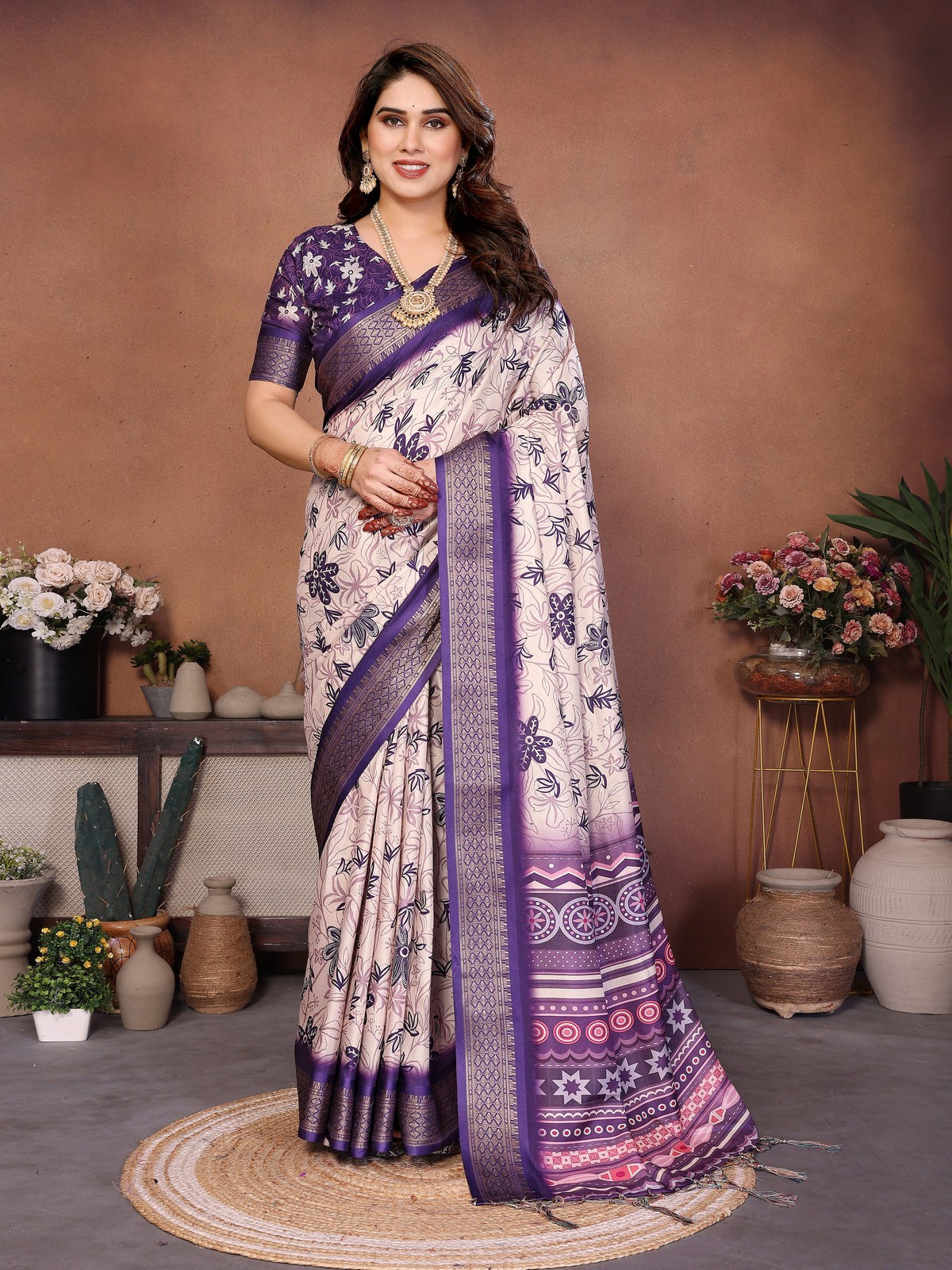 Purple Multicolour Cotton Silk Saree with Digital Print, Jacquard Border & Tassels