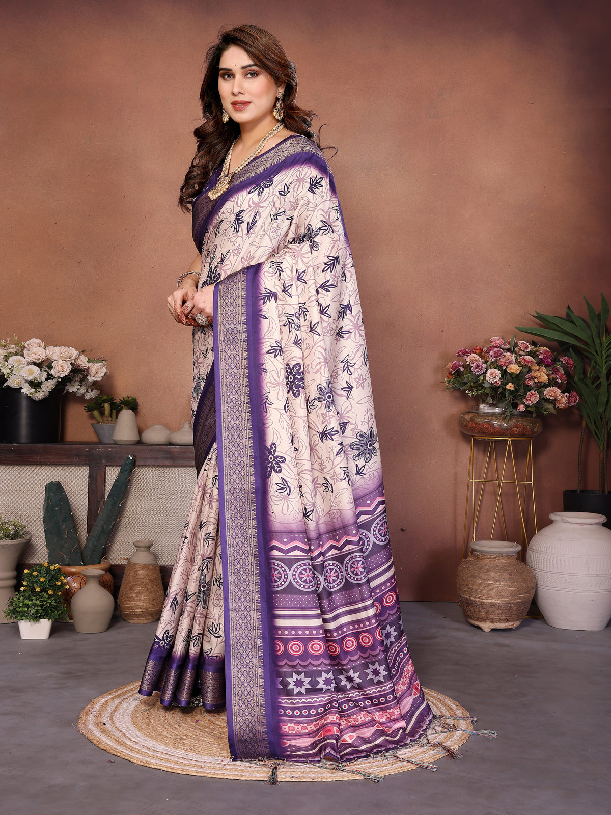 Purple Multicolour Cotton Silk Saree with Digital Print, Jacquard Border & Tassels