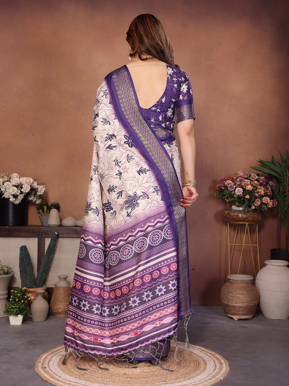 Purple Multicolour Cotton Silk Saree with Digital Print, Jacquard Border & Tassels