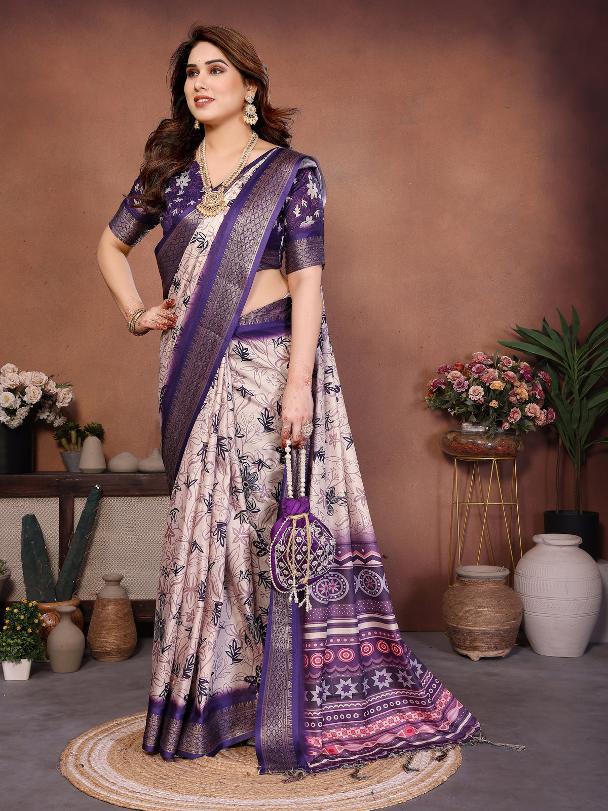 Purple Multicolour Cotton Silk Saree with Digital Print, Jacquard Border & Tassels