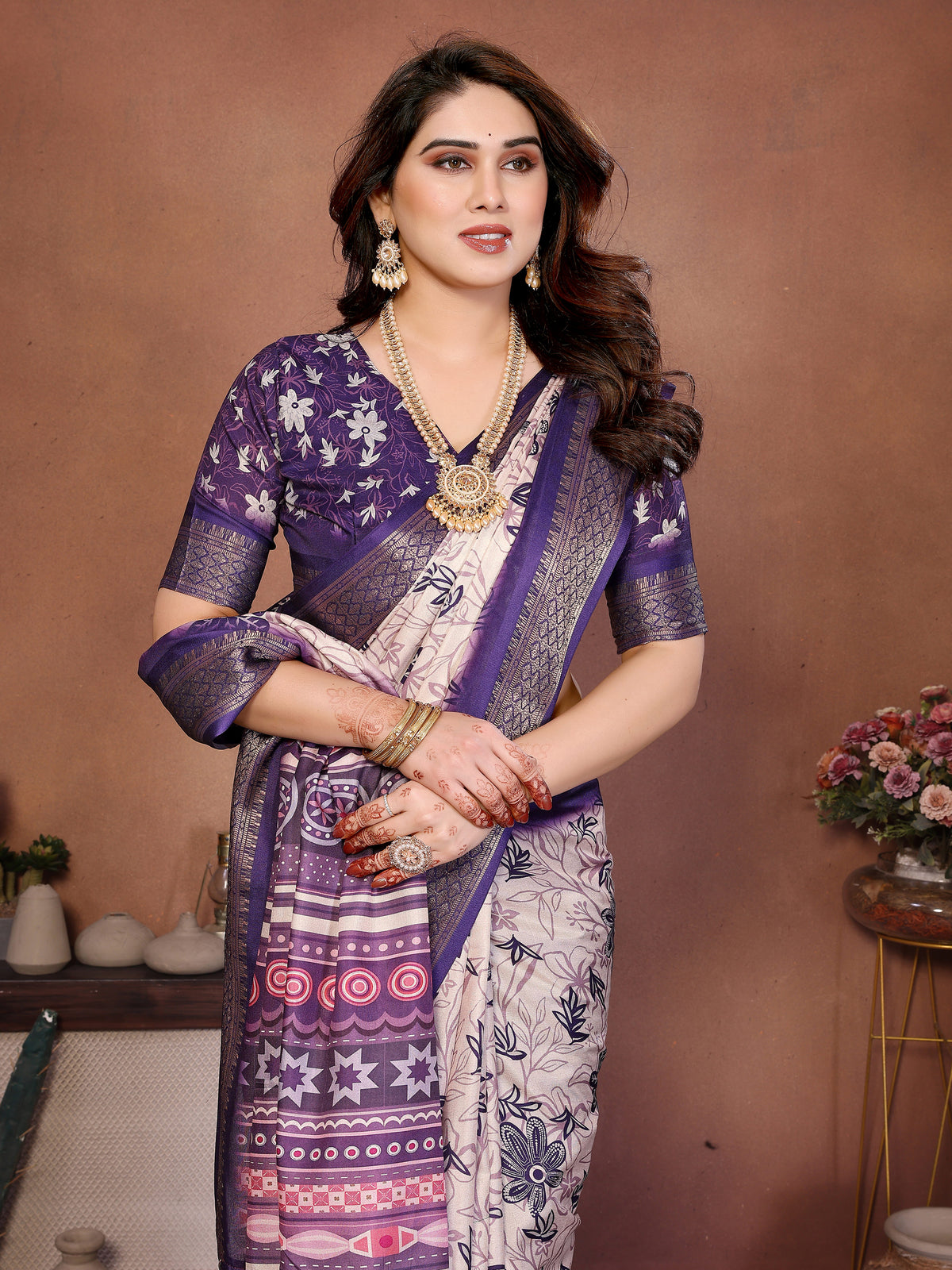 Purple Multicolour Cotton Silk Saree with Digital Print, Jacquard Border & Tassels