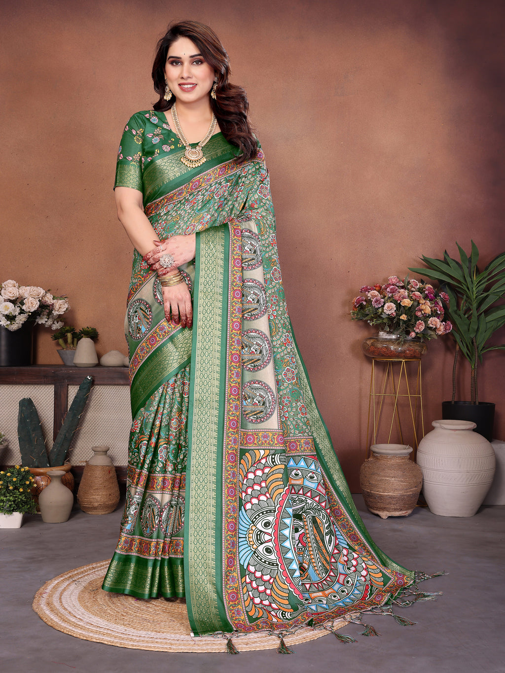 Green Multicolour Cotton Silk Saree with Digital Print, Jacquard Border & Tassels