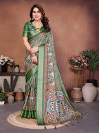 Green Multicolour Cotton Silk Saree with Digital Print, Jacquard Border & Tassels
